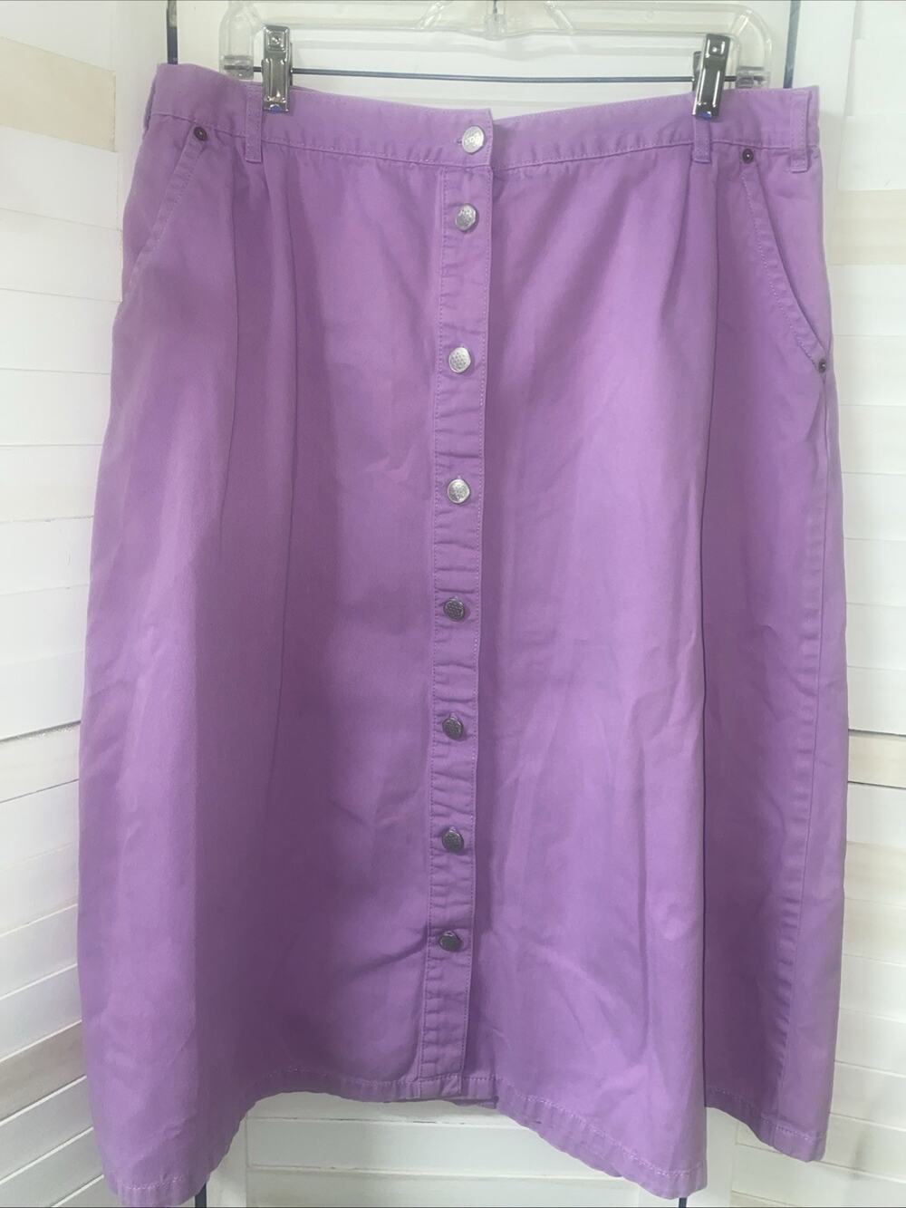 DAMART Purple Denim Elastic Waist Button Front Midi A Line SKIRT Sz 31 Large